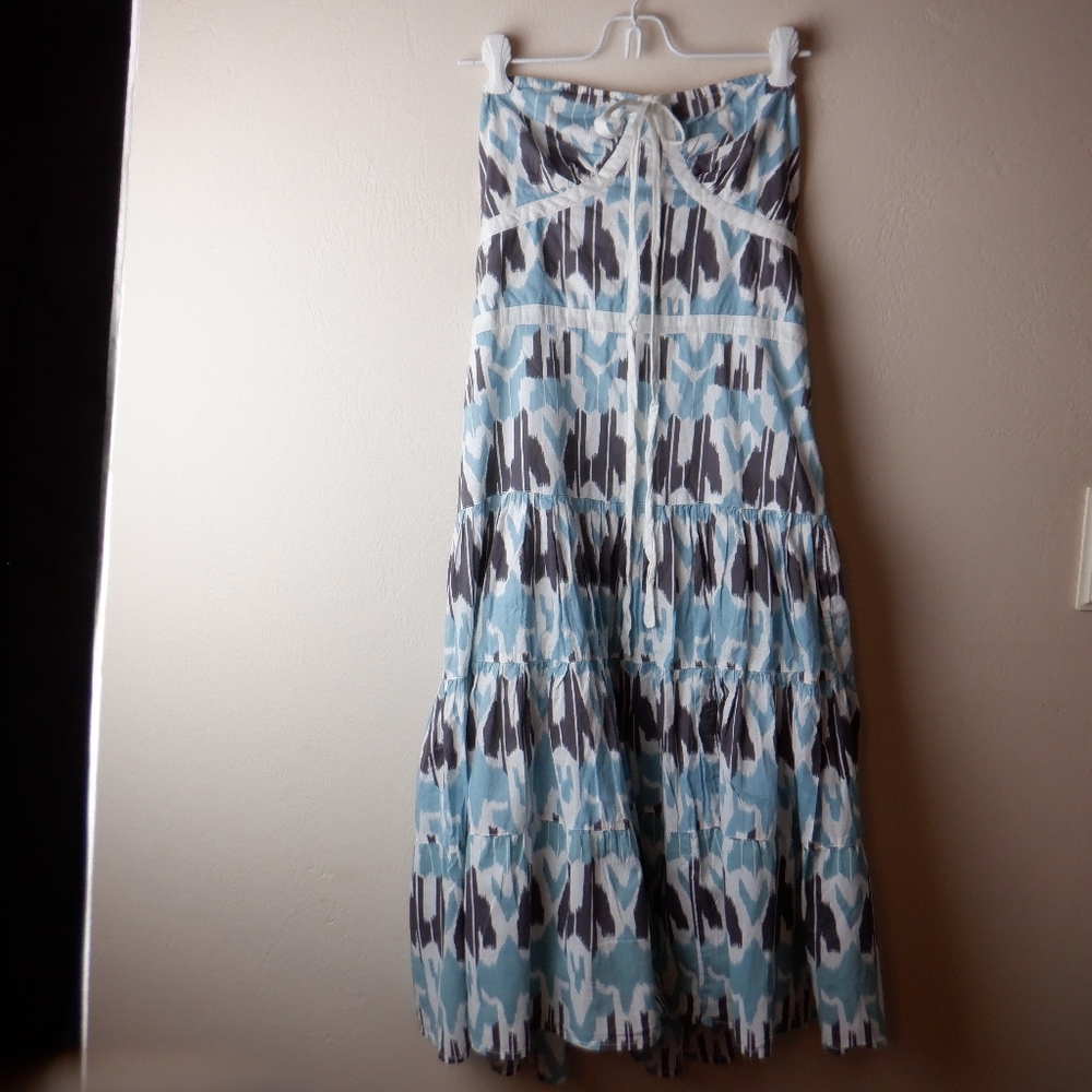 BCBG blue, black and white cotton strapless midi dress, size S